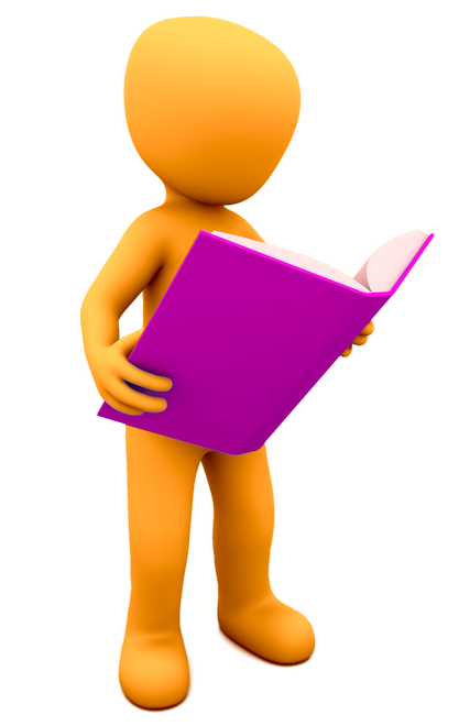 a little orange man reading a magenta book